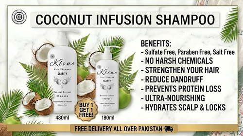 Kline Clarity Coconut Infusion Shampoo bottle highlighting product benefits including deep scalp cleansing, sulfate-free formula, no salt, paraben free, strengthen your hair, and natural hydration with coconut extracts.