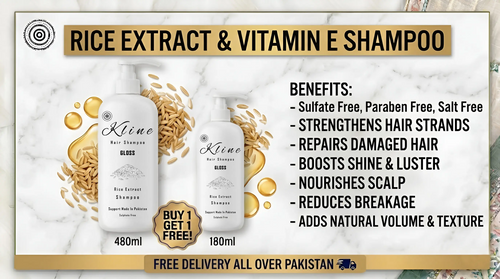 Kline Gloss Shampoo with Rice Extract and Vitamin E, designed to repair hair cuticles, increase shine, and provide deep antioxidant protection.