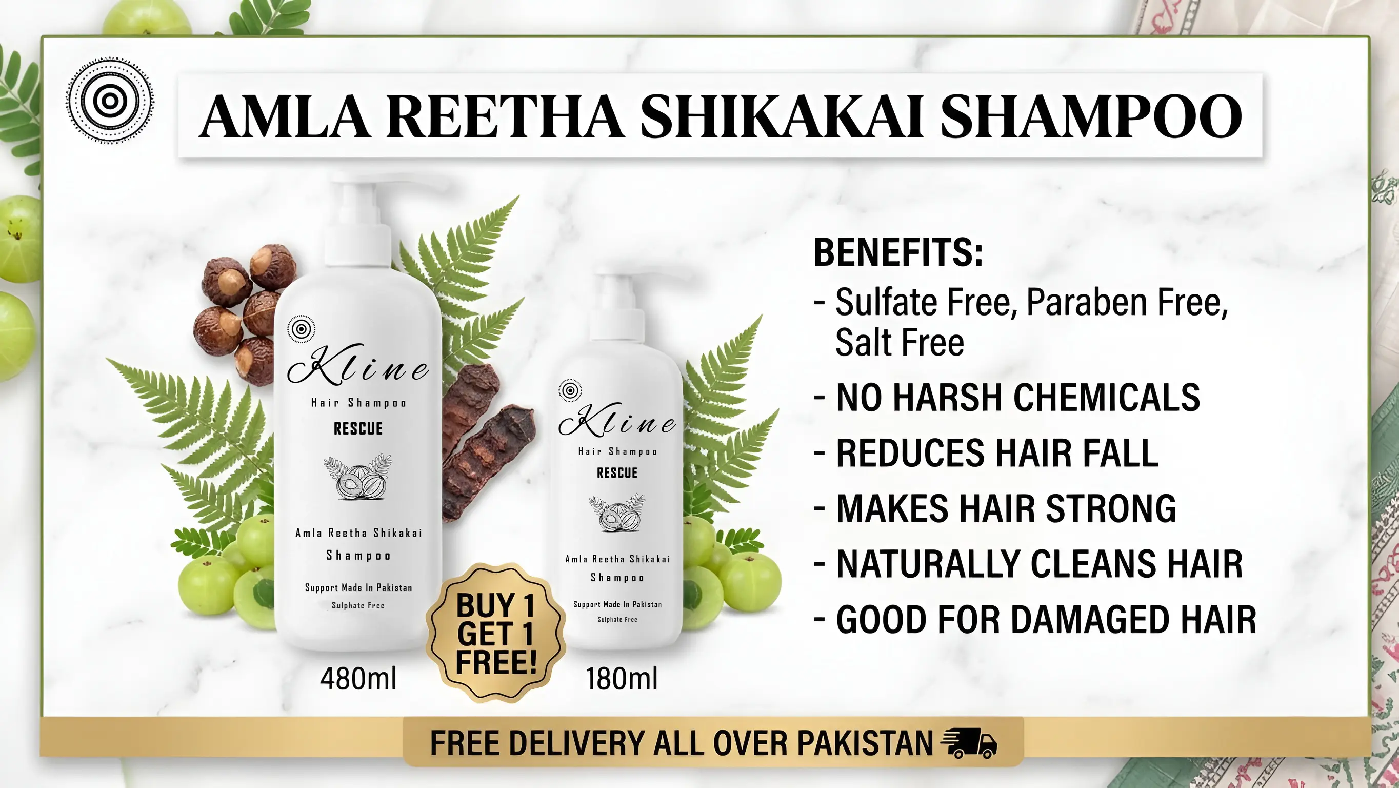 Kline herbal shampoo featuring Amla, Reetha, Shikakai, and Bal Jhar for hair fall control, root strengthening, and natural hair growth.