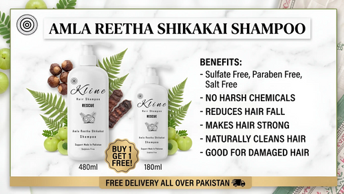 Kline herbal shampoo featuring Amla, Reetha, Shikakai, and Bal Jhar for hair fall control, root strengthening, and natural hair growth.