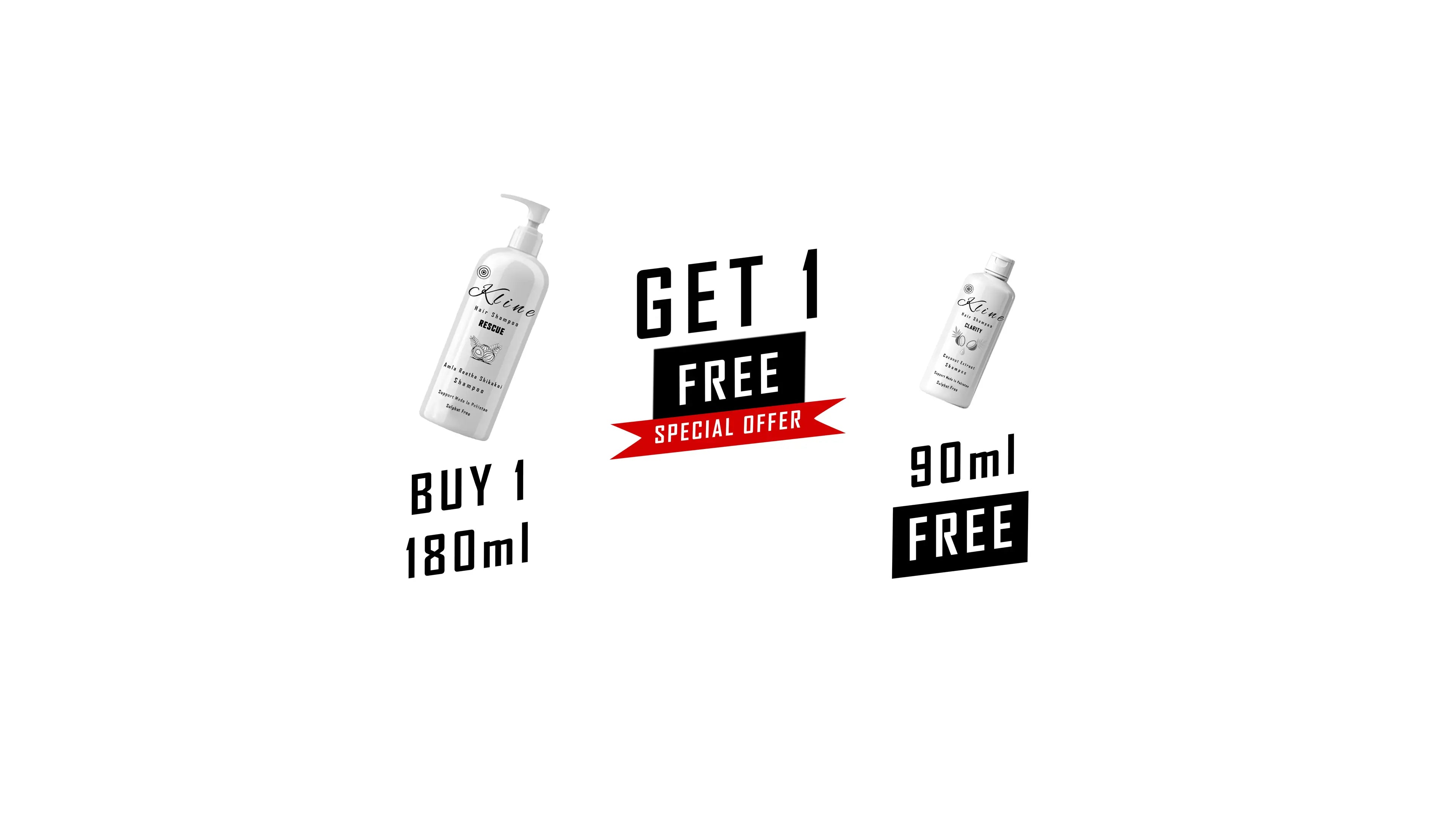 Limited Time Offer: Buy any 180ml Kline Shampoo and get a 90ml travel size free. Available for Clarity, Gloss, and Rescue lines.