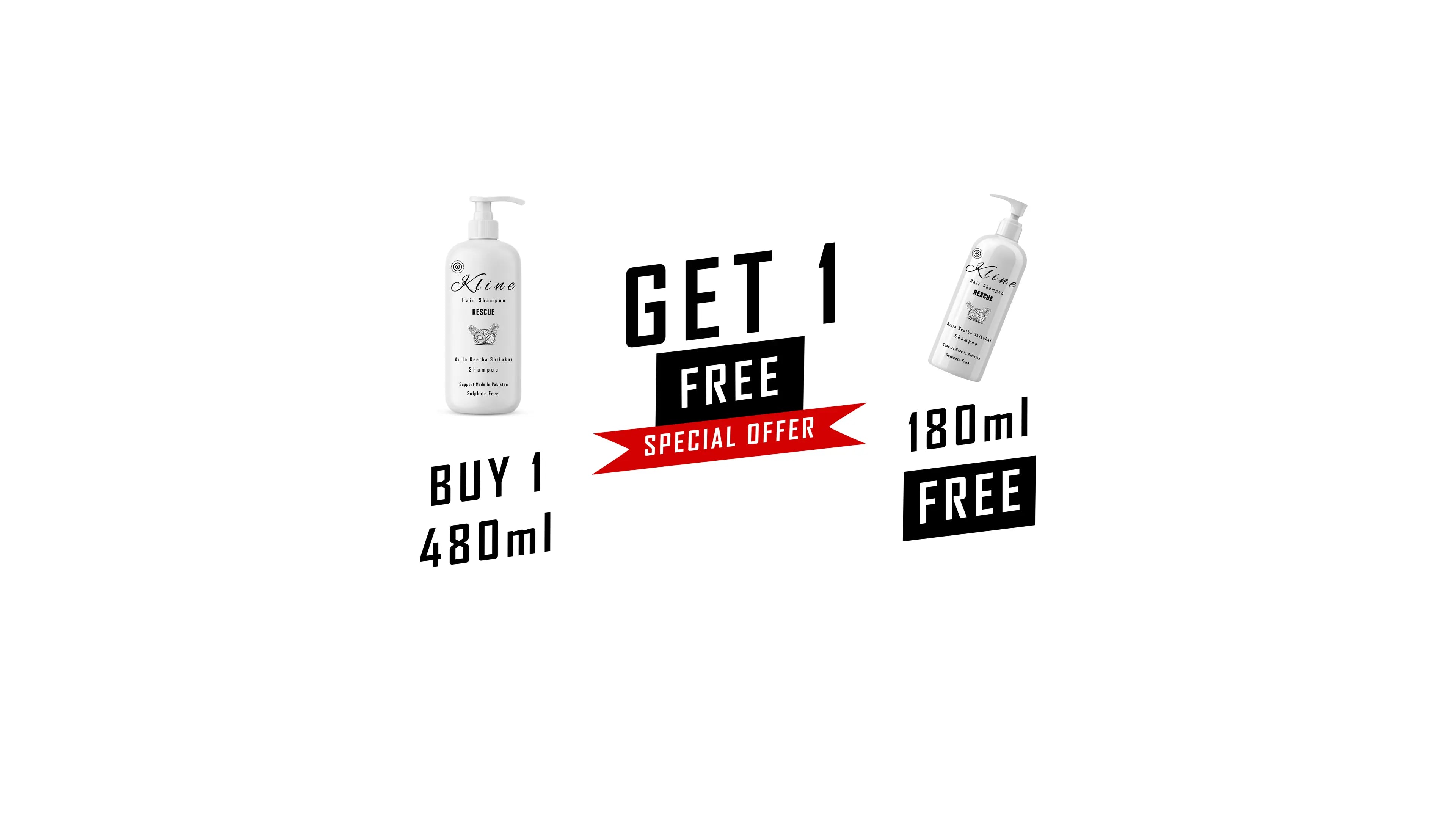 Limited Time Offer: Buy any 480ml Kline Shampoo and get a 180ml travel size free. Available for Clarity, Gloss, and Rescue lines.